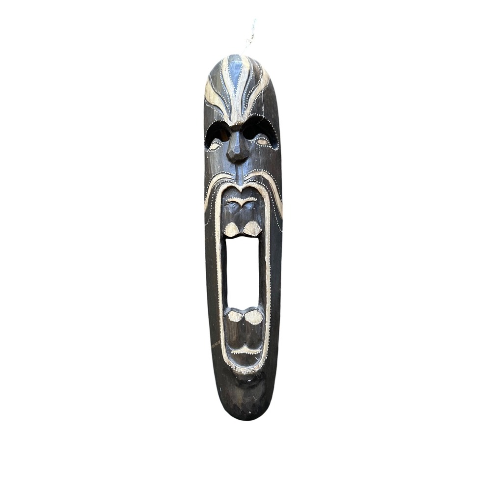 Hand Carved Wooden Tribal Mask Wall Hanging Dot Painted Decor 20.5 Inch